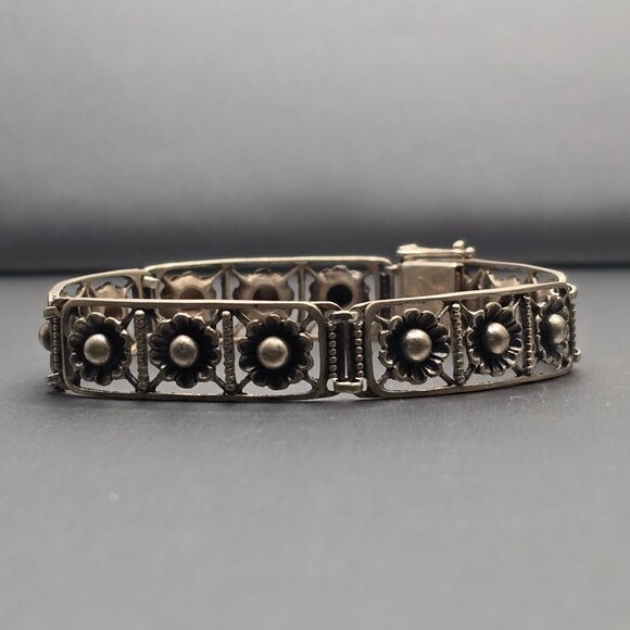 VTG Sterling Silver 925 Flower Link Bracelet Box Clasp 7in 16.76g Hand Assembled - Picture 2 of 11